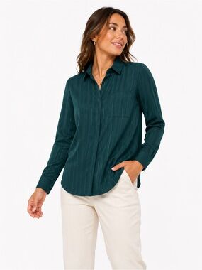 Nine West Size Medium Women's Long-Sleeve Textured Button-Up Shirt in Deep Teal